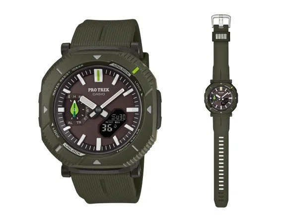 カーキ色のカシオPRO TREK腕時計の2つの異なる角度からの画像