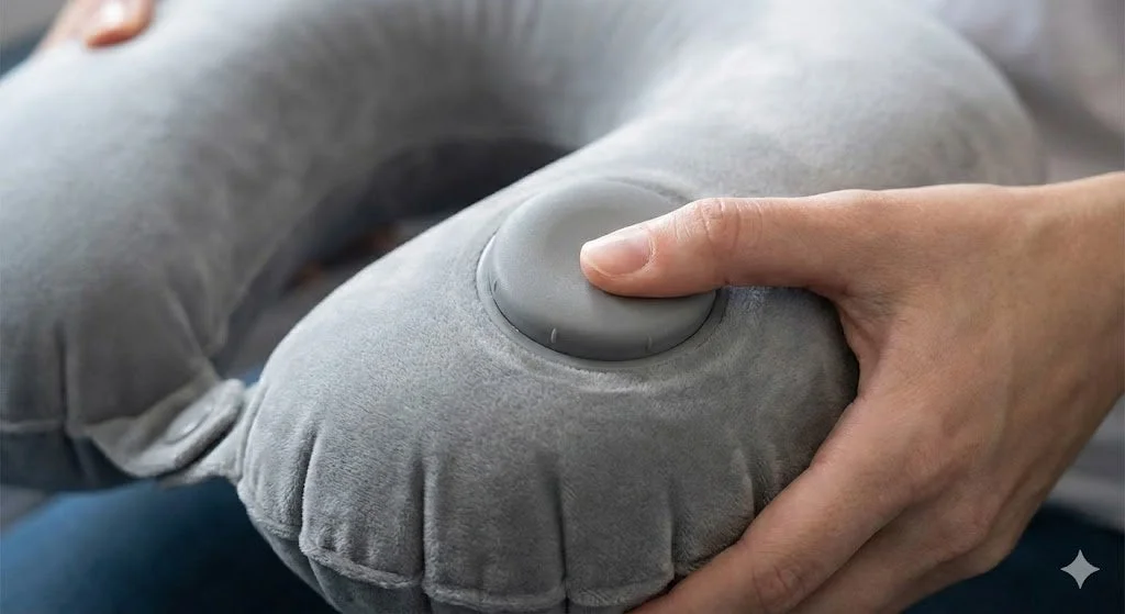 指でポンプを押してネックピローを膨らませる様子