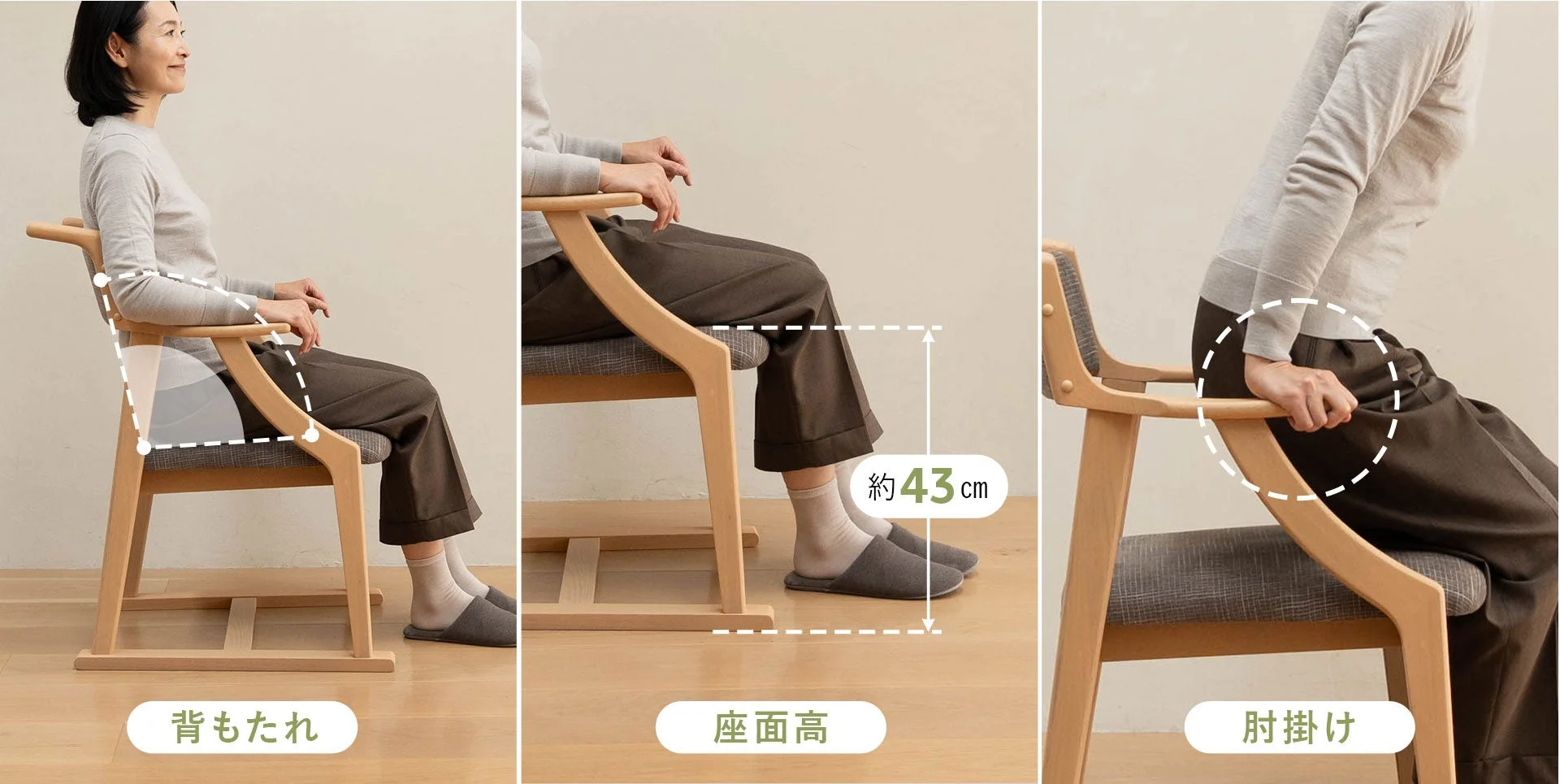 背もたれ、座面高、肘掛け