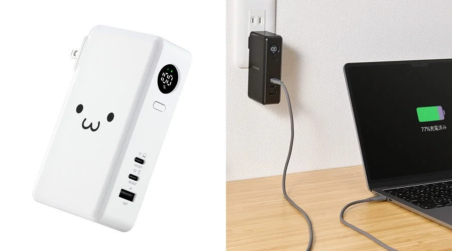 白いモバイルバッテリーと黒いACアダプターが並べられた画像