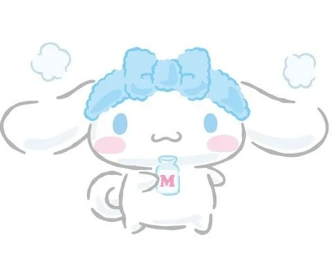 水色のリボンをつけた白いキャラクターが、小さなボトルを手にしている可愛らしいイラスト