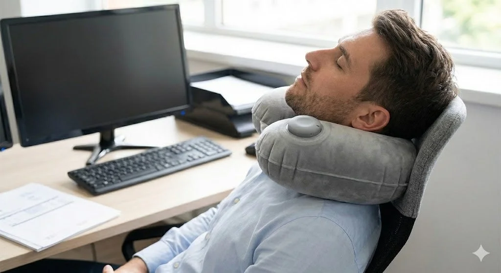 オフィスでネックピローを使って昼寝をする男性