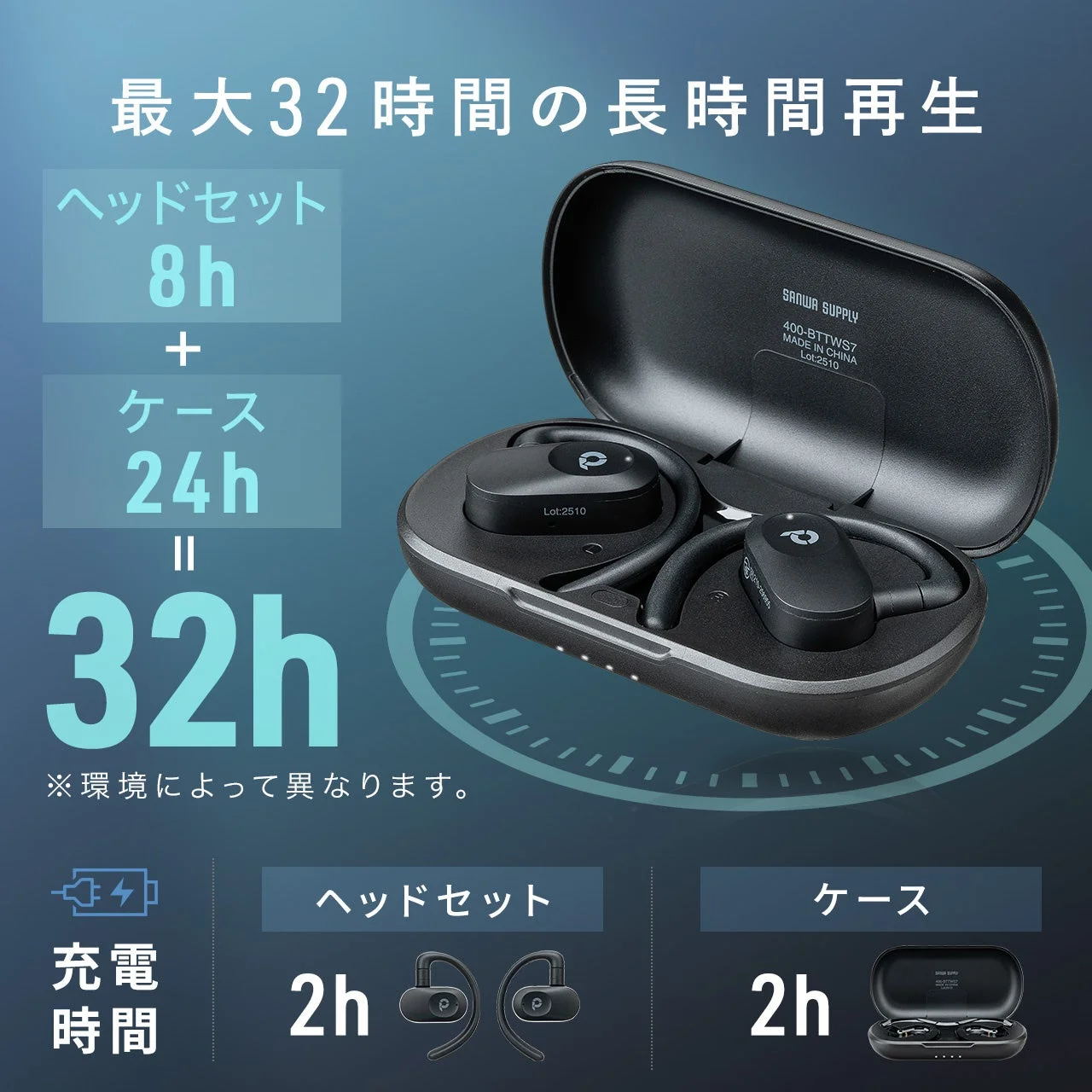 ワイヤレスイヤホンと充電ケースの長時間再生能力と充電時間