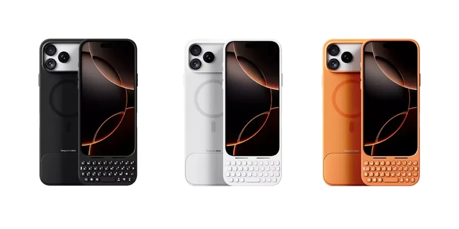 物理キーボードが装着された3色のiPhoneとケースのセットが並んでいます