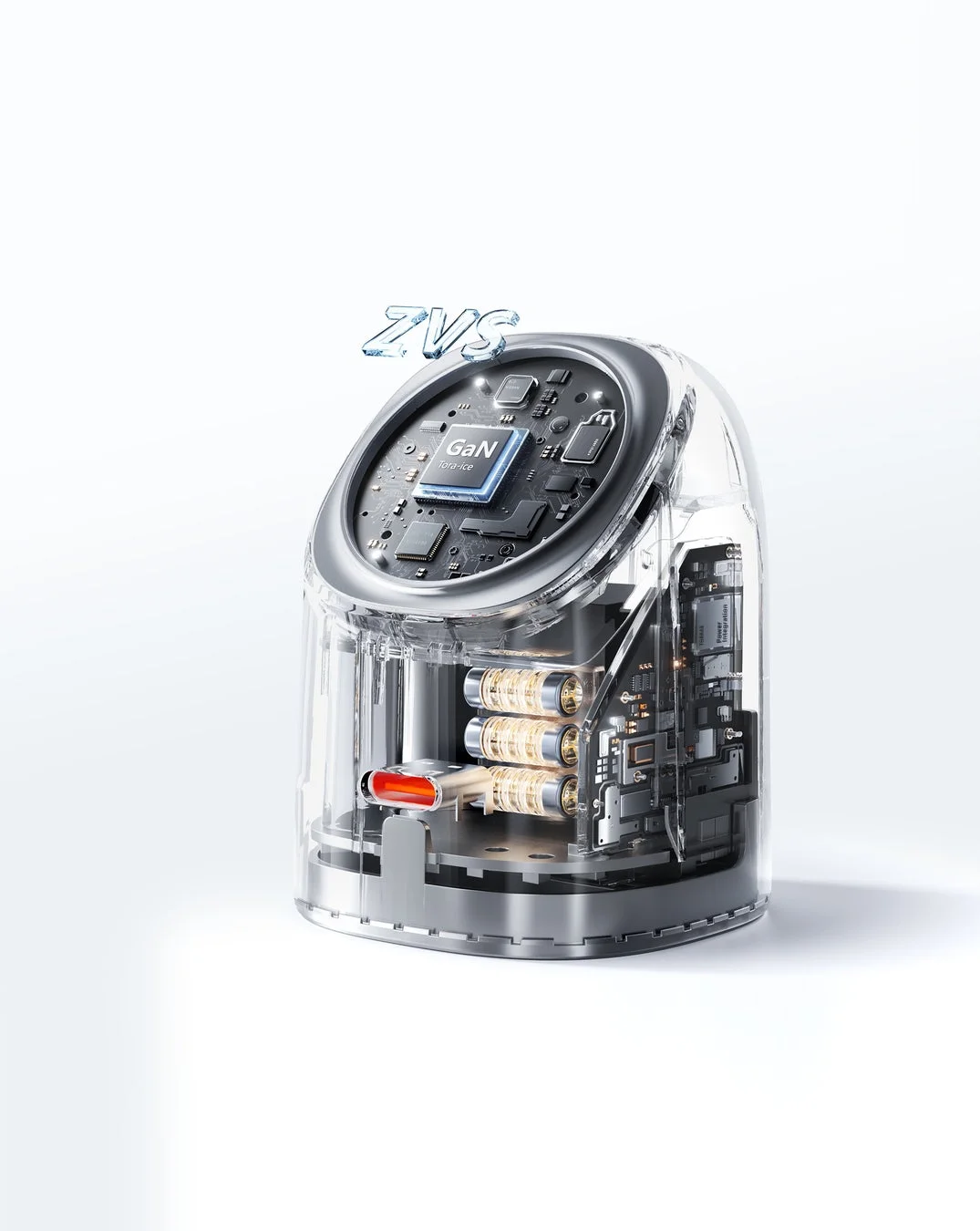 透明なケースに入った電子機器の内部構造