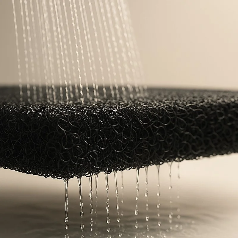 黒いメッシュ状の素材に水が降り注ぎ、その表面を通過して水滴が滴り落ちている様子