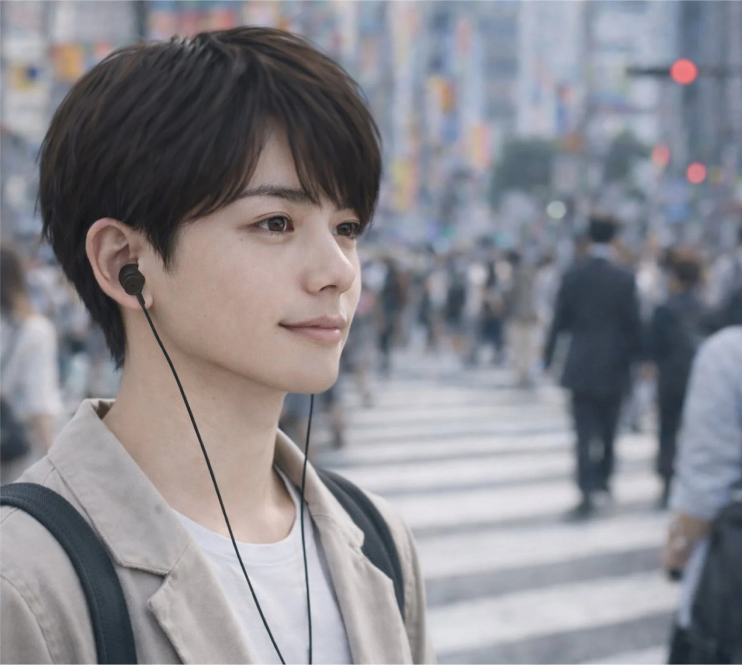 イヤホンをつけた男性が街中にいる様子