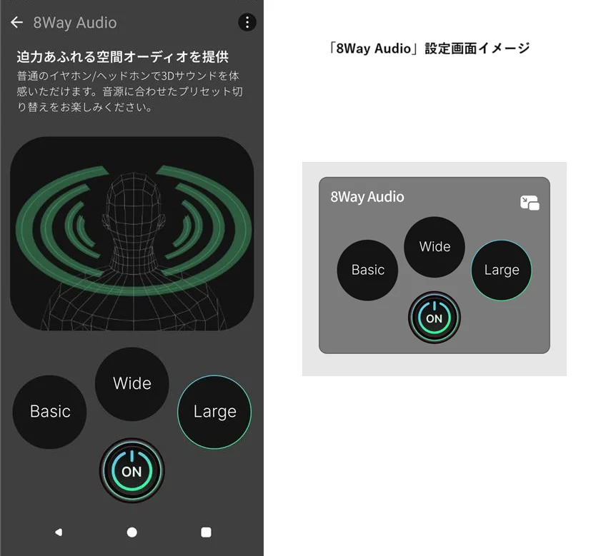 「8Way Audio」アプリの設定画面で、空間オーディオ機能と3Dサウンド体験を提供するインターフェースです。Basic、Wide、Largeのプリセット切り替えやON/OFFが可能です。