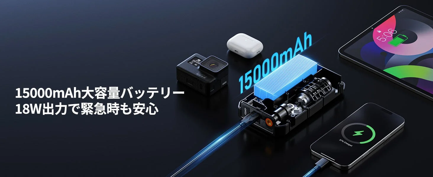 15000mAh大容量バッテリー 18W出力で緊急時も安心