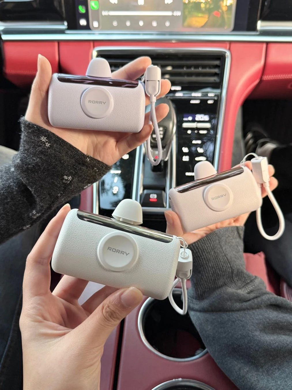 車内でモバイルバッテリーを手に持っている様子