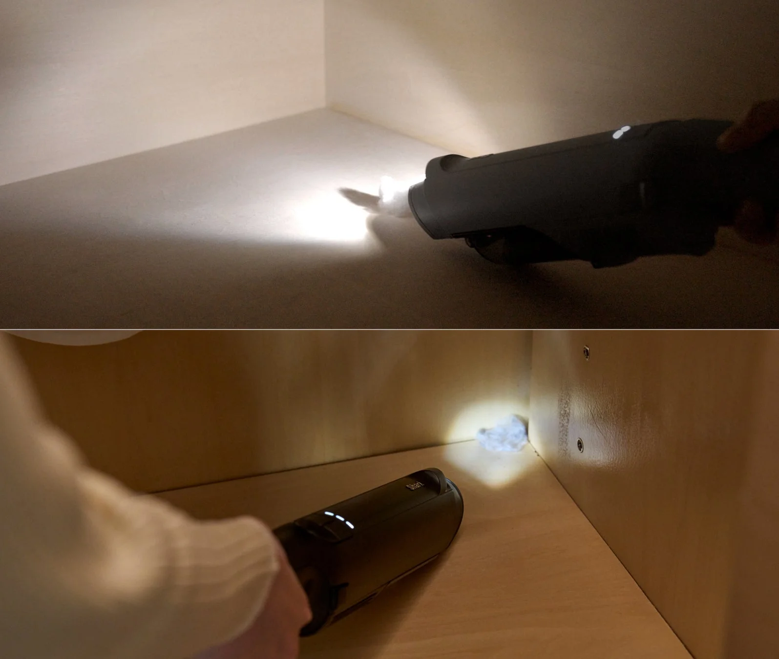 LEDヘッドライトでホコリを照らす様子