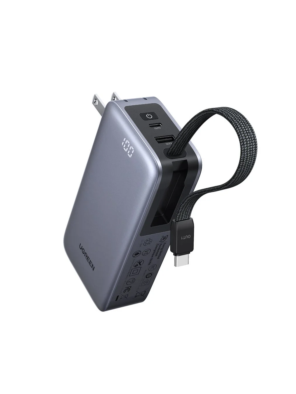 ACプラグとUSB-Cケーブルを内蔵したUGREENのポータブル充電器