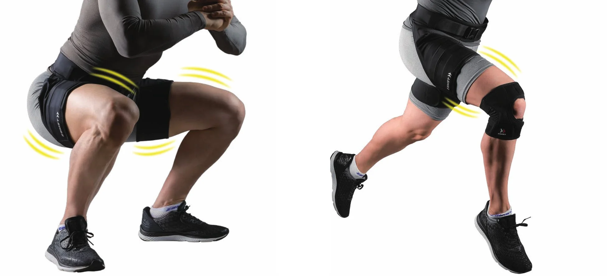 ZAMSTのサポーターを着用した人物が、スクワットとランニングの姿勢で運動する様子