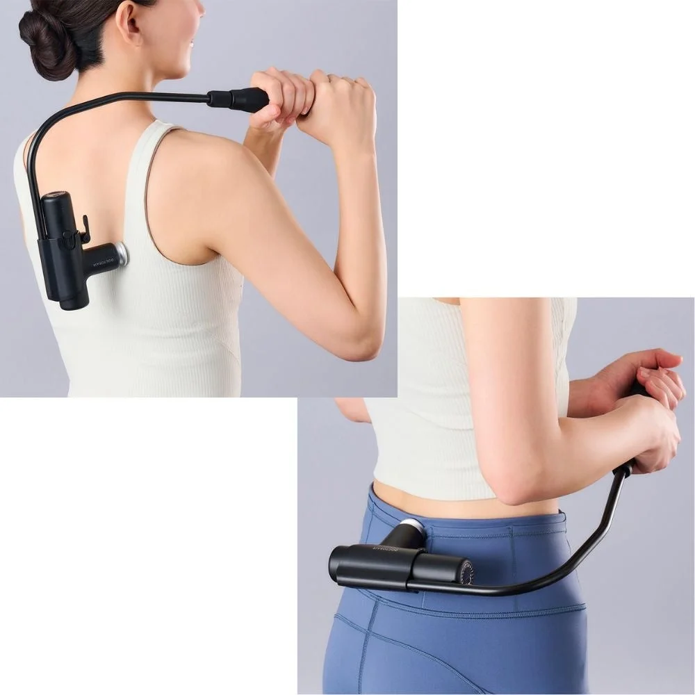 背中や腰に使えるセルフマッサージ器を実演している画像