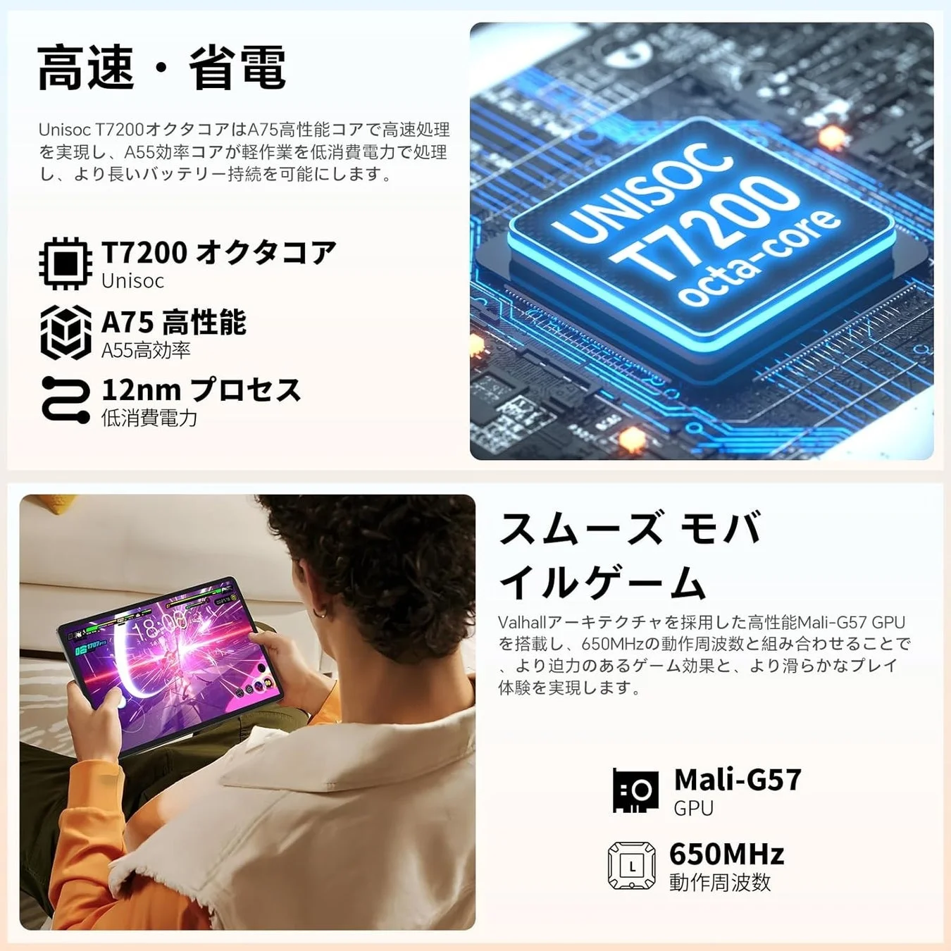 Unisoc T7200オクタコアプロセッサとMali-G57 GPUを搭載したデバイスの広告。高速処理と省電力性能、そしてスムーズなモバイルゲーム体験を強調しています。