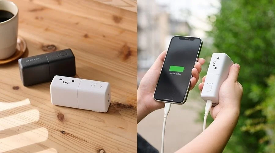 この画像は、デザイン性の高いモバイルバッテリーの使用シーンを示しています