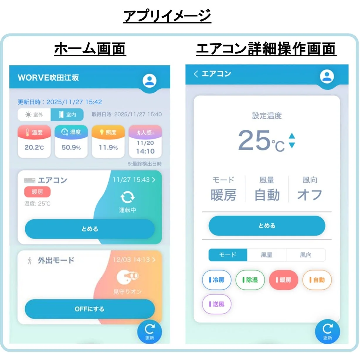 スマートホームアプリのホーム画面とエアコン詳細操作画面