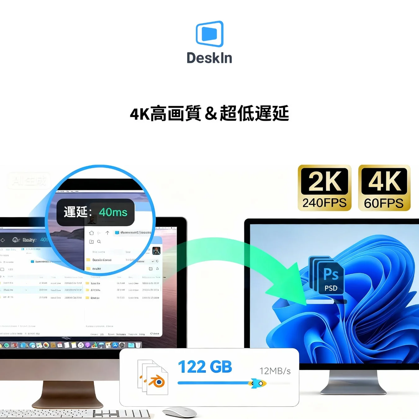 Desklnというサービスが、4K高画質と超低遅延（40ms）でPC間のデータ転送やリモート操作を可能にすることを示す画像です。MacからWindowsへのファイル転送やアプリケーション操作の様子が描かれています。