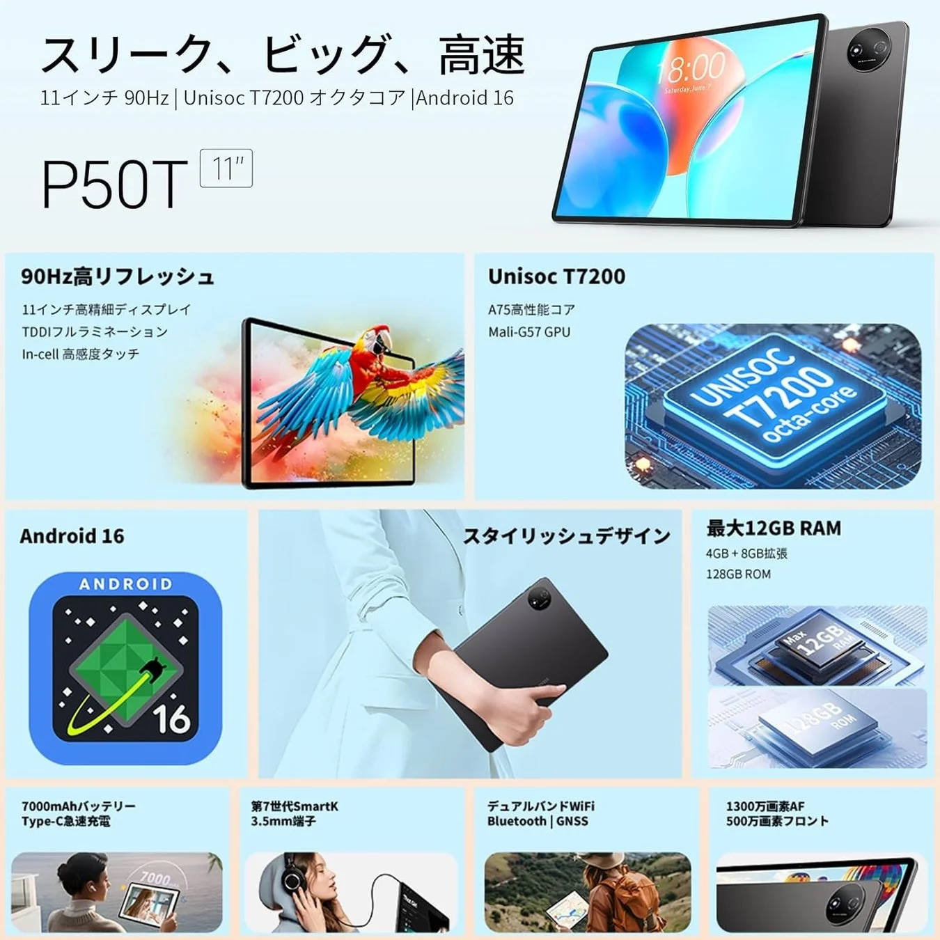 11インチ90Hz高精細ディスプレイ、Unisoc T7200、Android 16を搭載したタブレットP50Tの広告。最大12GB RAM、7000mAhバッテリー、スタイリッシュデザインなど、高性能と多機能をアピールしています。