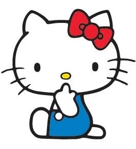 赤いリボンと青い服を着たハローキティが、挑発的な中指を立てているイラスト