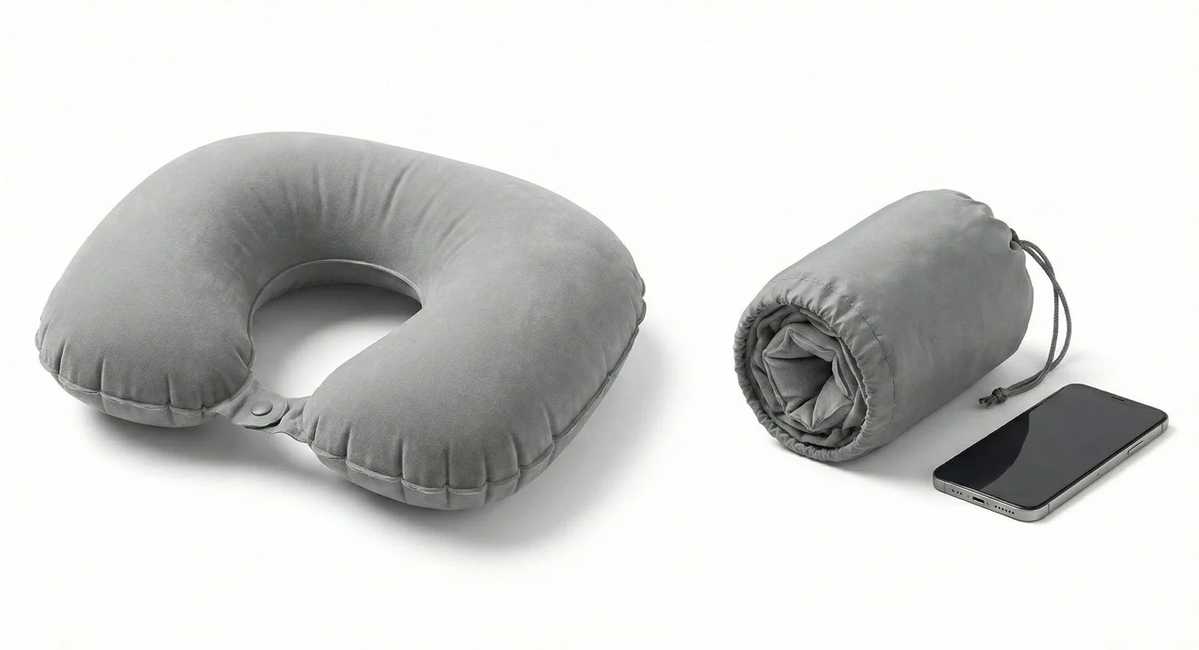 ネックピローと収納された状態、スマートフォンのサイズ比較