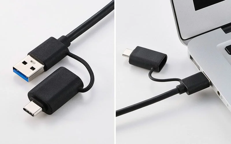 USB Type-AコネクタとType-Cアダプタが一体化したUSBケーブル