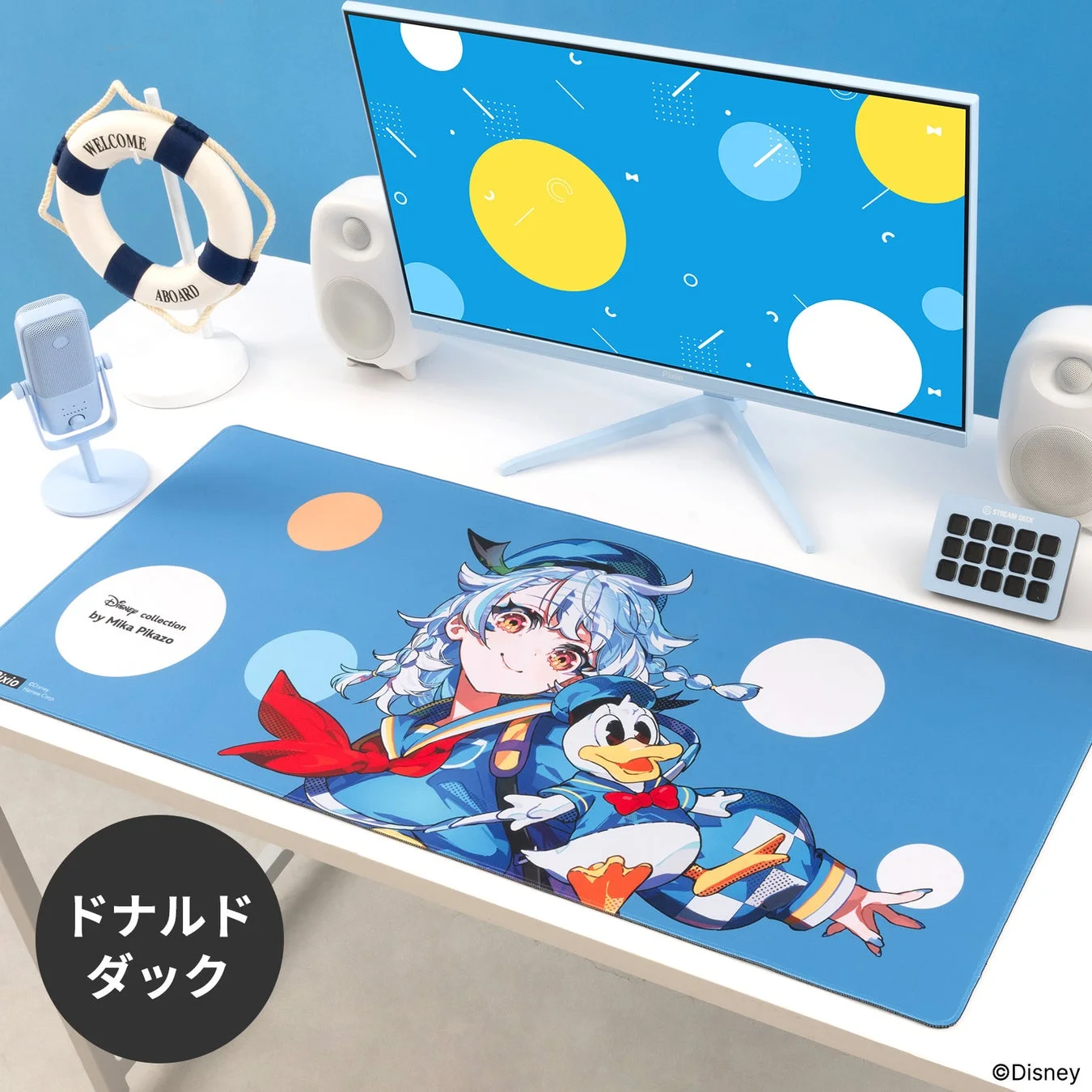 ドナルドダック,ディズニー,ミカピカゾ,コラボ,マウスパッド,デスクマット,アニメ,美少女,PCモニター,デスク,PC周辺機器,マイク,スピーカー,ライフブイ,青,ポップ,イラスト,かわいい