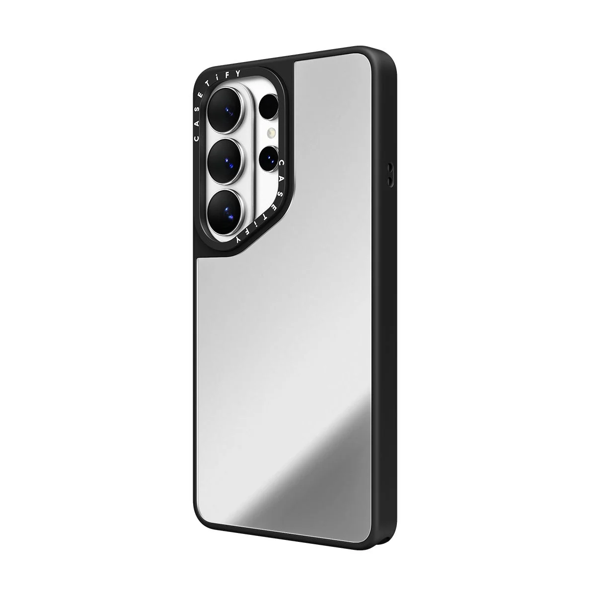 黒いフレームと鏡面仕上げの背面が特徴的なスマートフォンケースの画像です。カメラ部分の周りには「CASETiFY」のロゴが見えます。