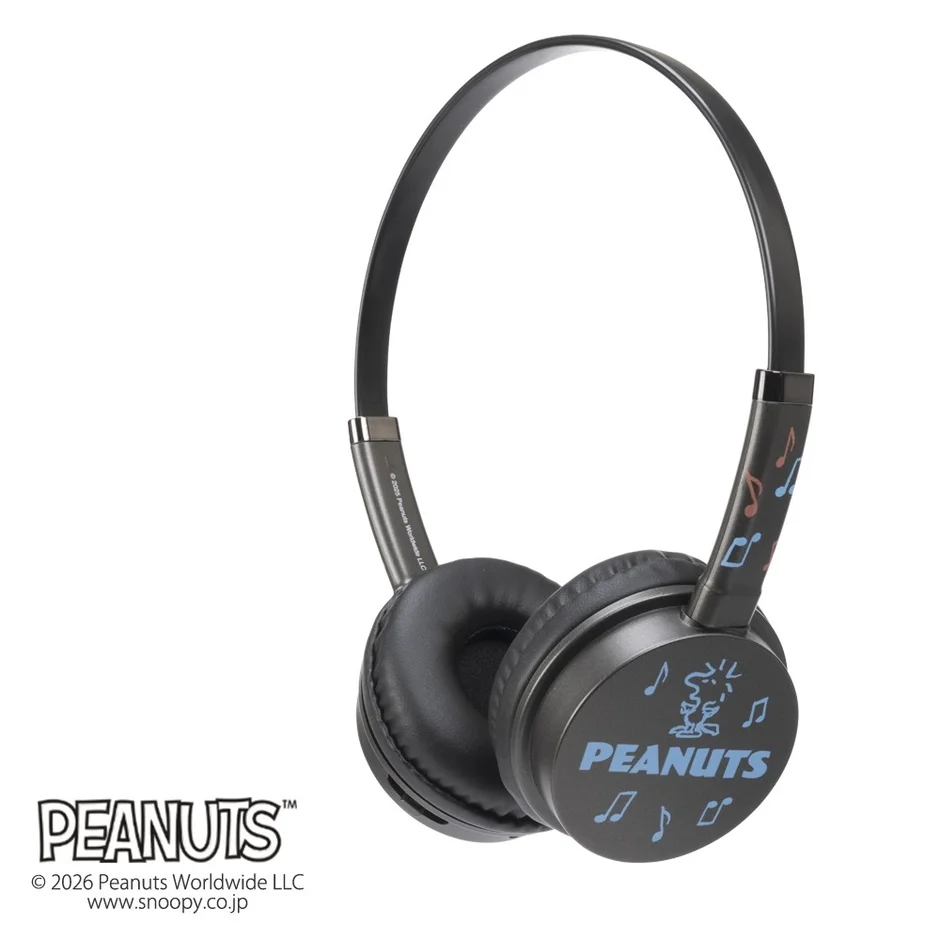 スヌーピーがデザインされた黒いヘッドセット