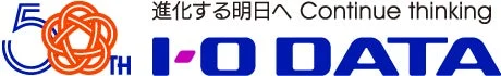I-O DATAの50周年記念ロゴです。「進化する明日へ Continue thinking」というスローガンが添えられています。