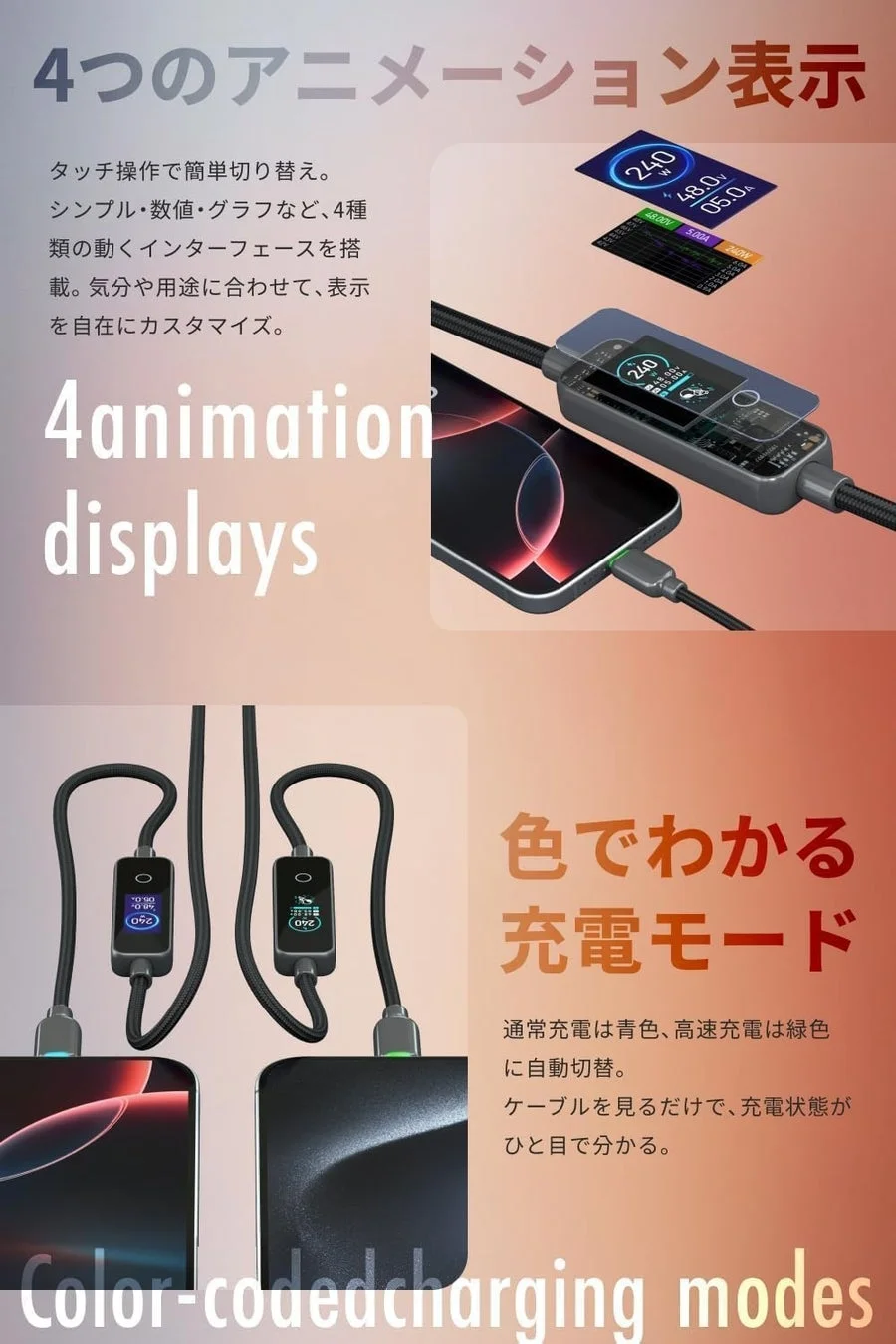 PowerSight 240Wの4種類のアニメーション表示と充電モード