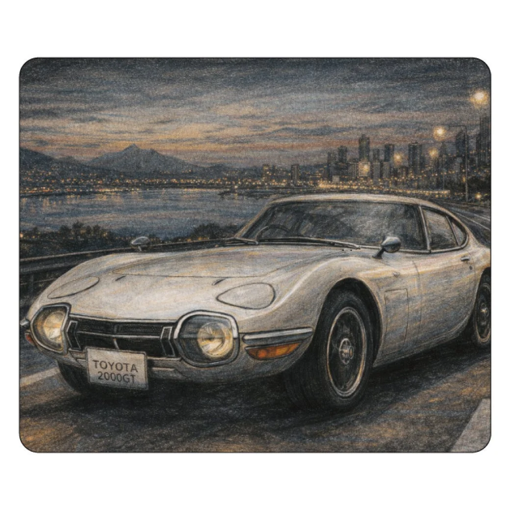 夕暮れ時、街の夜景と水辺を背景に、伝説的なクラシックカー「トヨタ2000GT」が描かれた美しいイラストです。