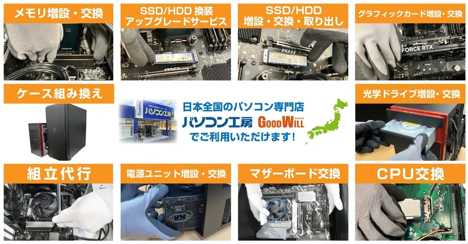 パソコン工房GoodWillが提供する、パソコンのメモリ、SSD/HDD、グラフィックカード、CPUなどの増設・交換、ケース組み換え、組立代行といった幅広い修理・アップグレードサービスを紹介する広告