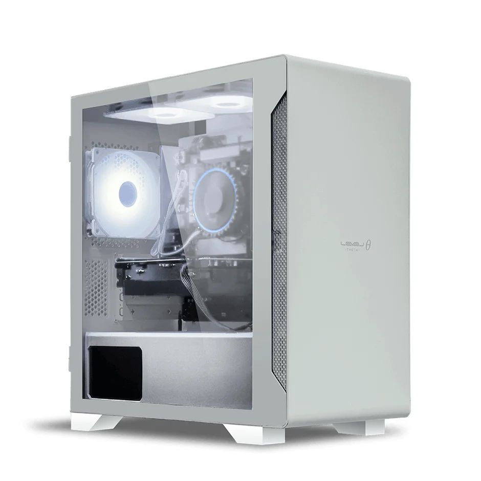 透明なサイドパネルから内部のLEDファンが光る、白を基調としたモダンなデザインのPCケースです。