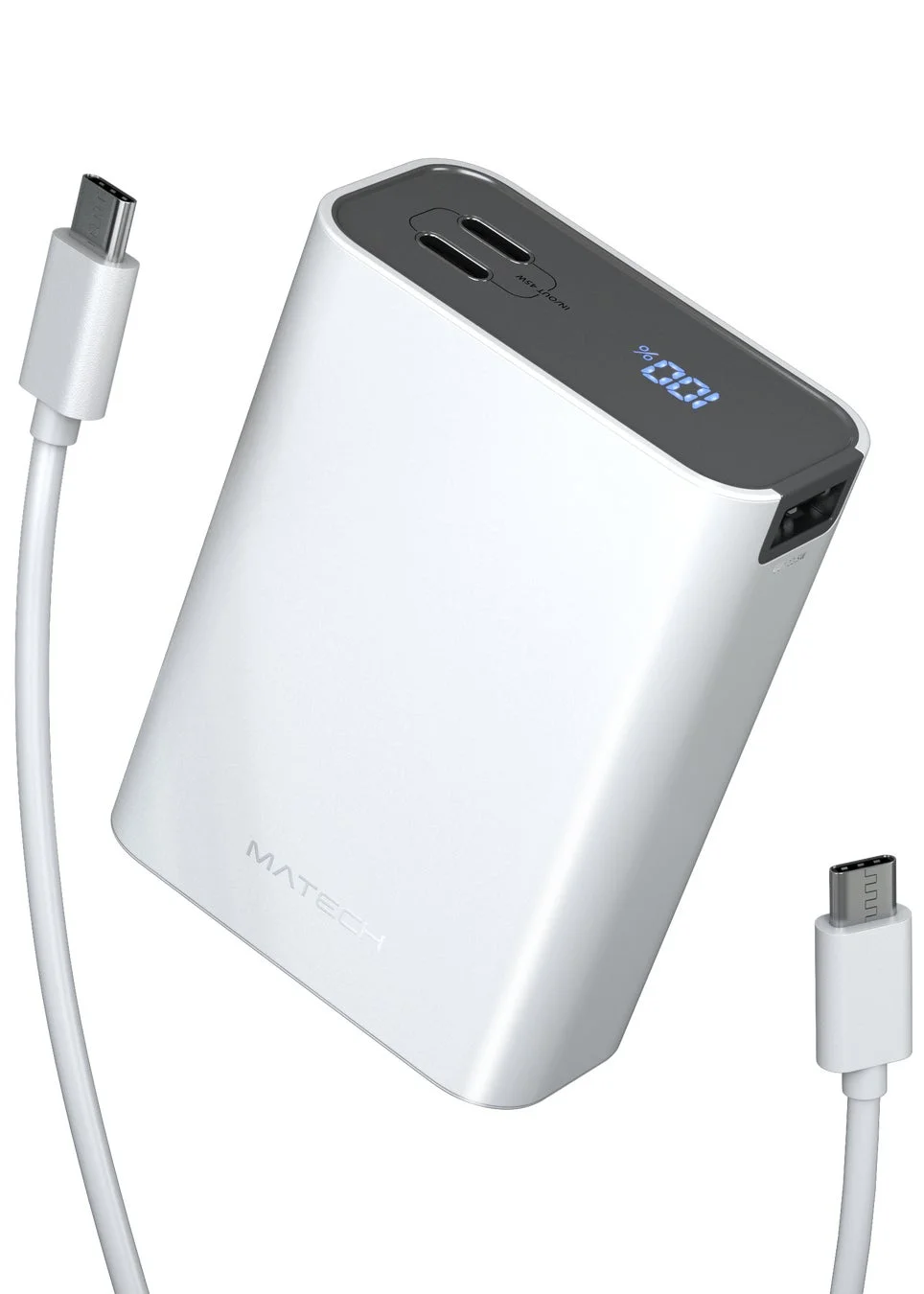 白いMATECH製モバイルバッテリーが、USB-Cケーブルと共に写っています。本体にはデジタル表示で「100%」と表示され、IN/OUT 45WのPD充電に対応していることがわかります。