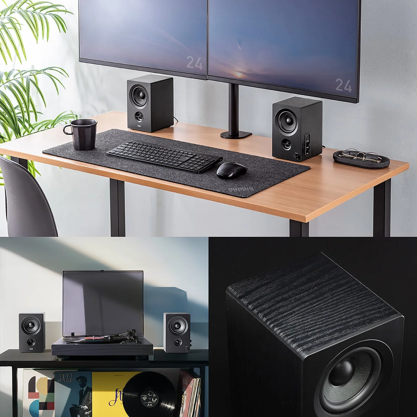デスクとオーディオ環境に置かれたスピーカー