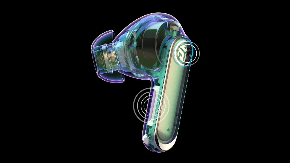 未来的なデザインのワイヤレスイヤホン