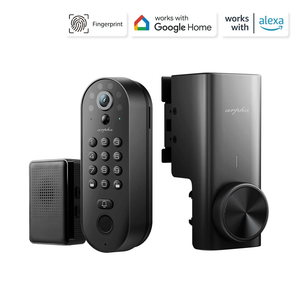 指紋認証、キーパッド、カメラを搭載した屋外ユニットと室内ユニットからなる黒色のスマートドアロックシステム