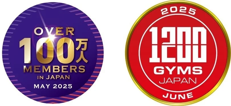 日本国内の会員数と店舗数の目標を示すバッジ