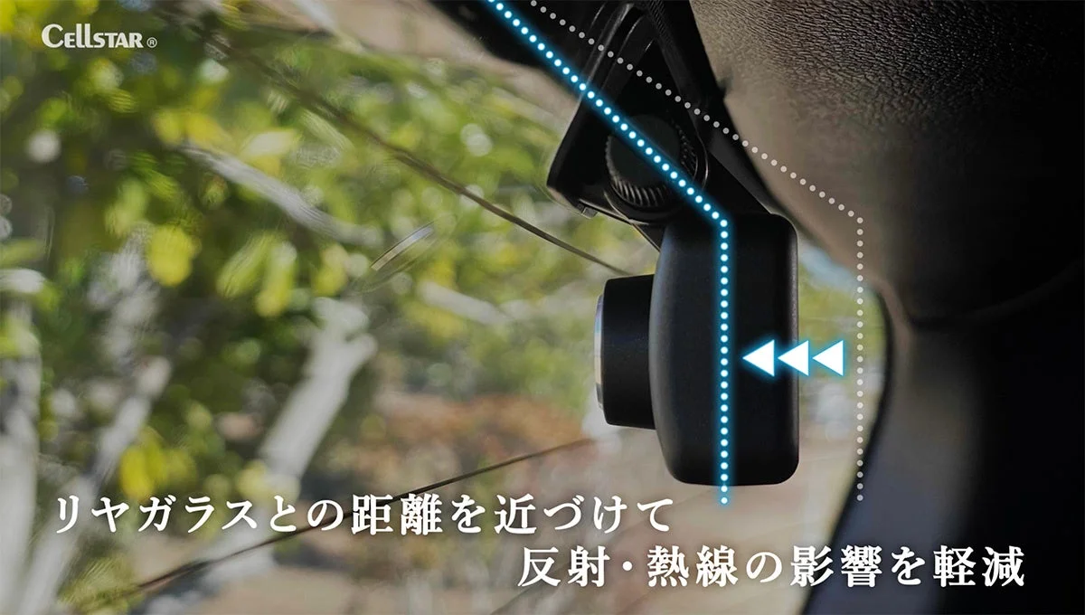 リアガラスに設置されたセルスターのドライブレコーダー