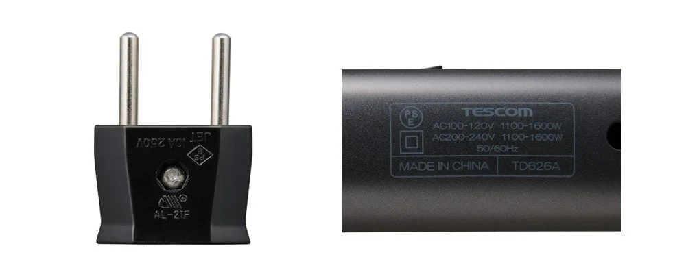 電源プラグと製品仕様が記載されたラベル