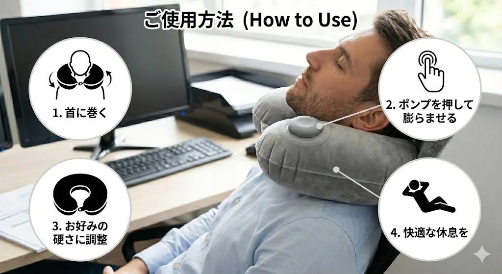 オフィスでネックピローを使用している男性と使用方法の図