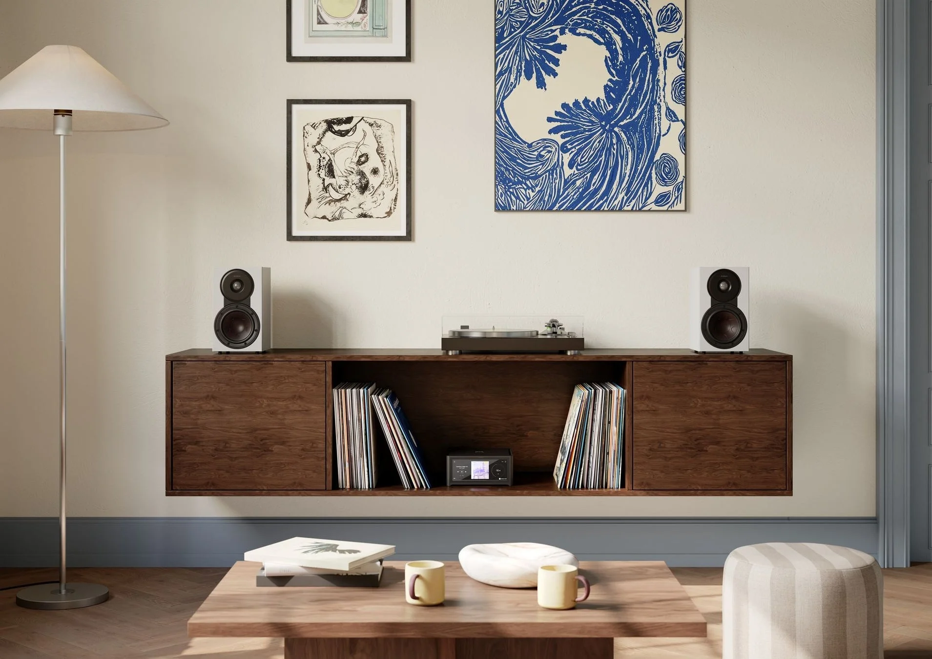 レコードとスピーカーのあるリビング