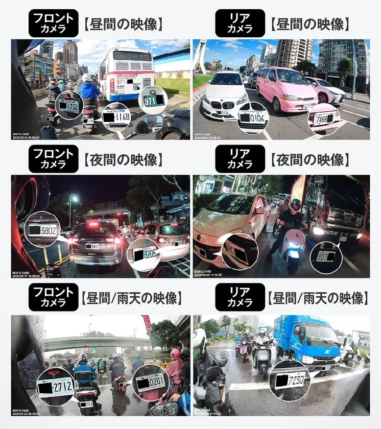 昼間、夜間、雨天時のフロント・リアカメラ映像を比較したドライブレコーダーの性能を示す画像