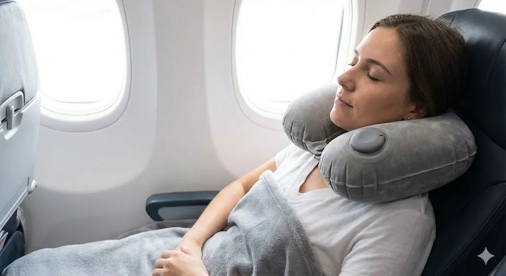 飛行機内でネックピローを使用し快適に眠る女性
