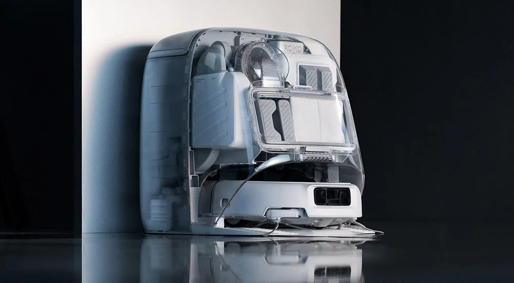 透明な外装を持つ未来的なデザインのスマートホームデバイス