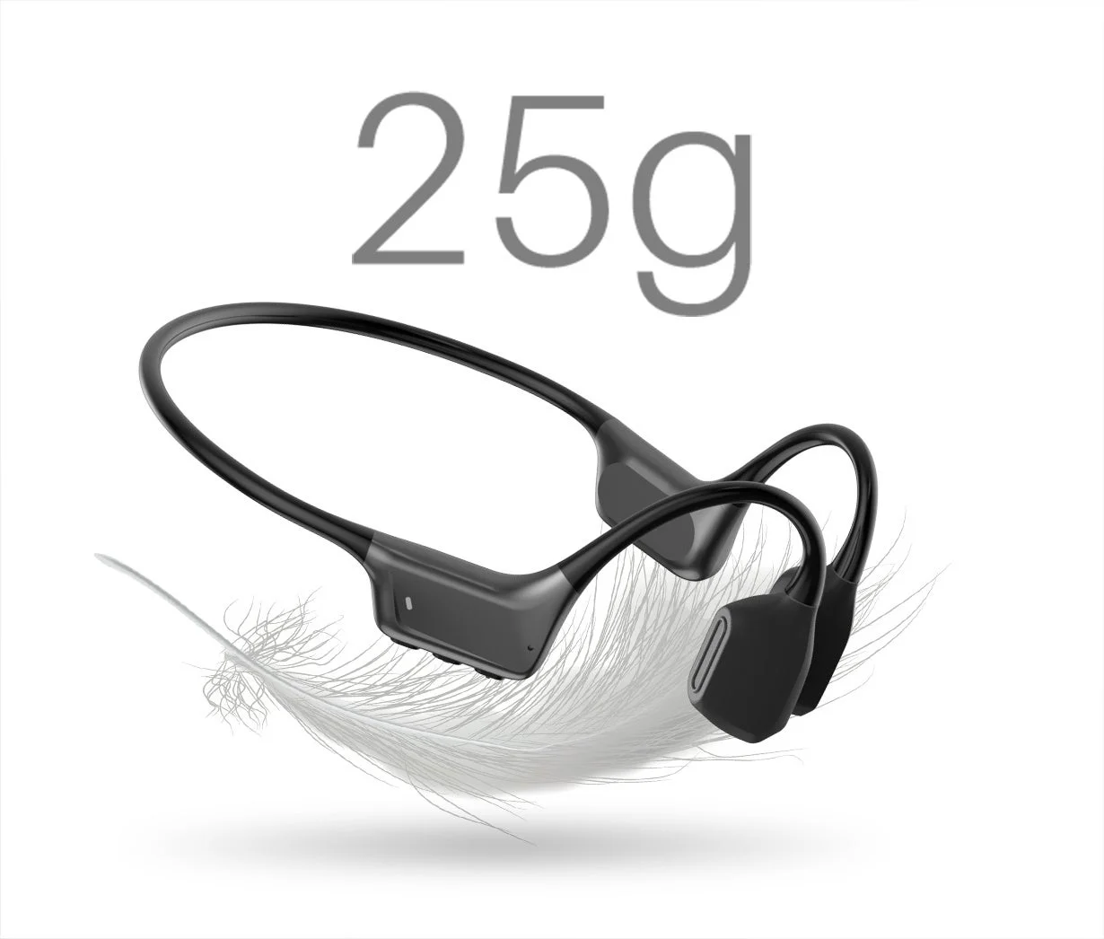 25gの軽さを示す骨伝導イヤホンと羽