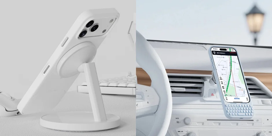 白いiPhoneがシンプルな白いマグネット式スタンドに立てかけられ、充電またはデスクでの使用を想定しているようです
