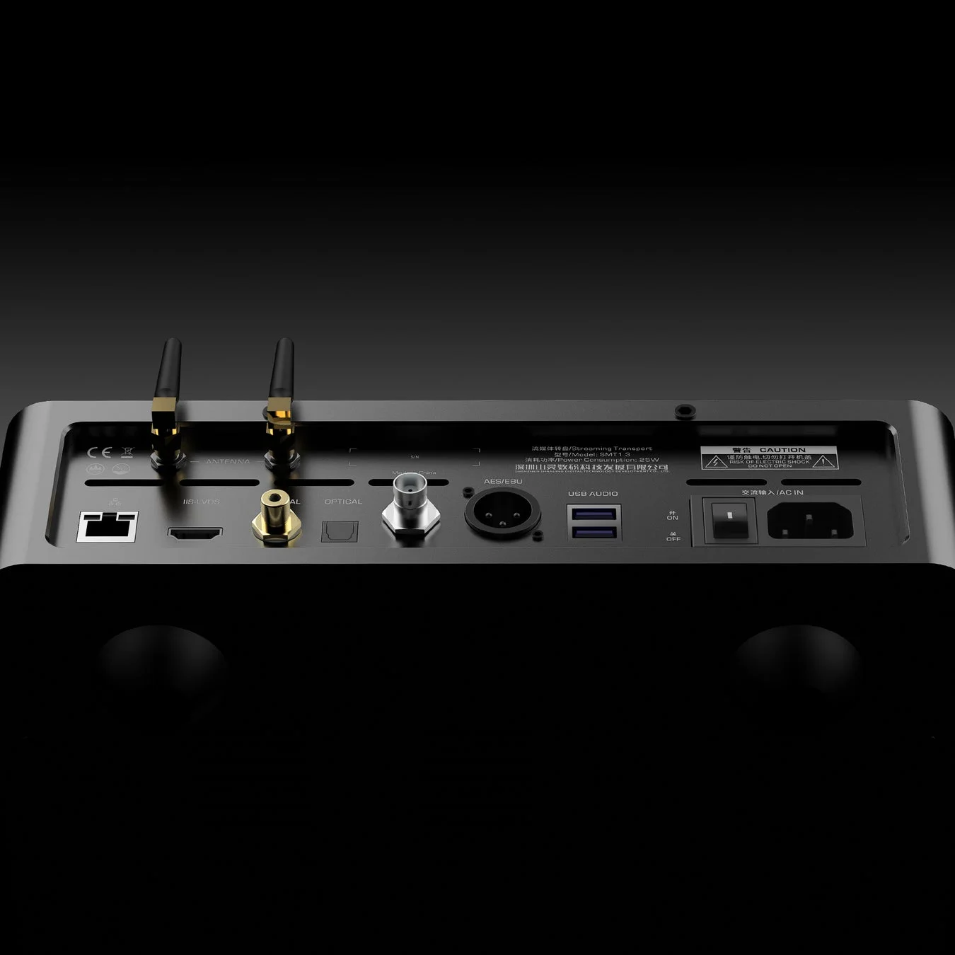 Rear panel of Streaming Transport SMT1.3 showing various digital outputs