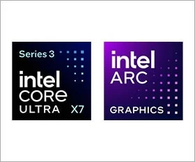 IntelのCore Ultra X7 Series 3プロセッサーとIntel Arc Graphicsのロゴが並べて表示されています。これらはPCの主要部品であるCPUとGPUのブランドロゴであり、高性能なコンピューティング技術を示唆しています。